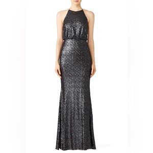 Badgley Mischka Navy Blue Sequin Halter Gown